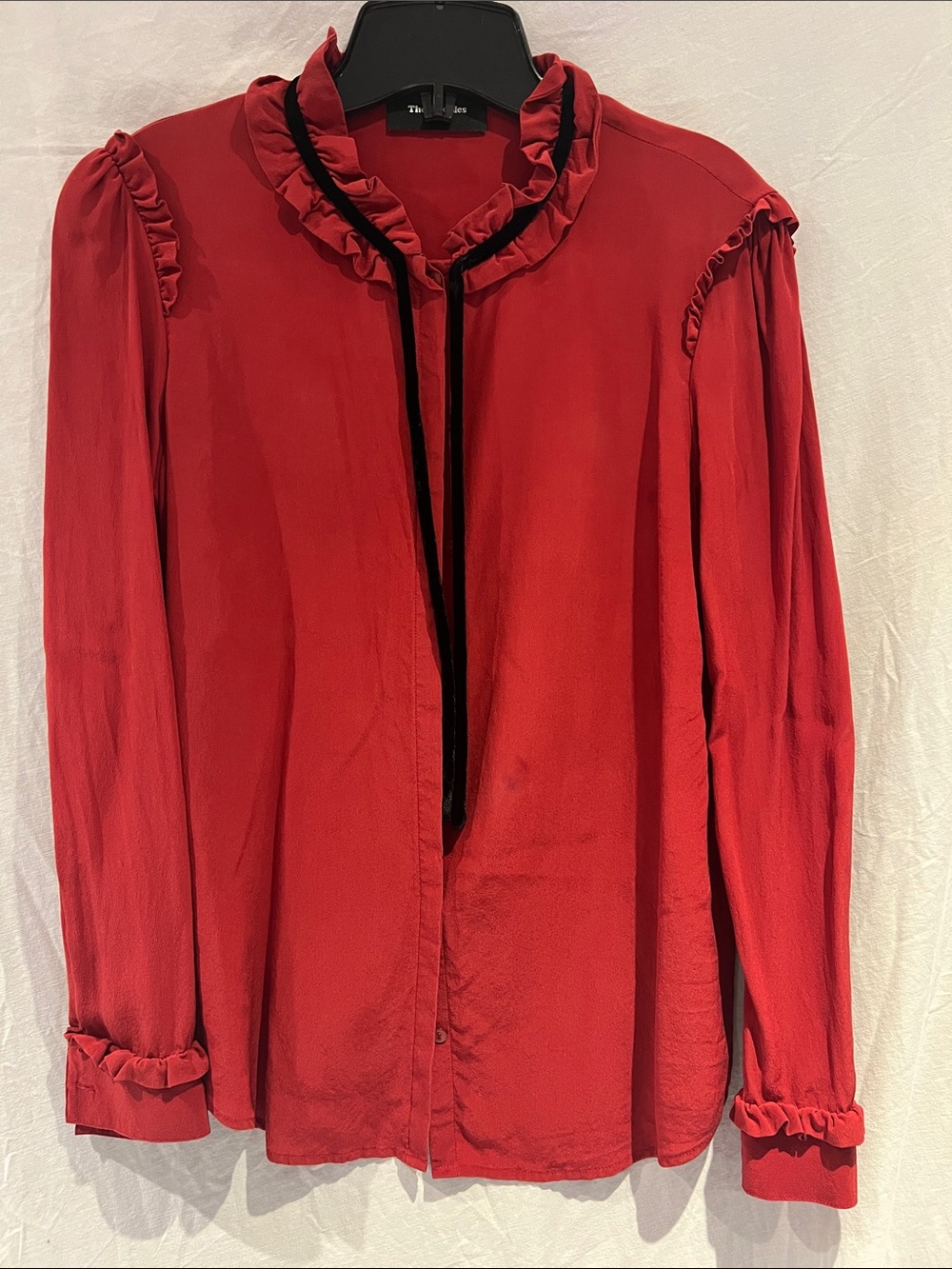 The Kooples Crimson Ruffle Tie-Neck Blouse with Black Trim